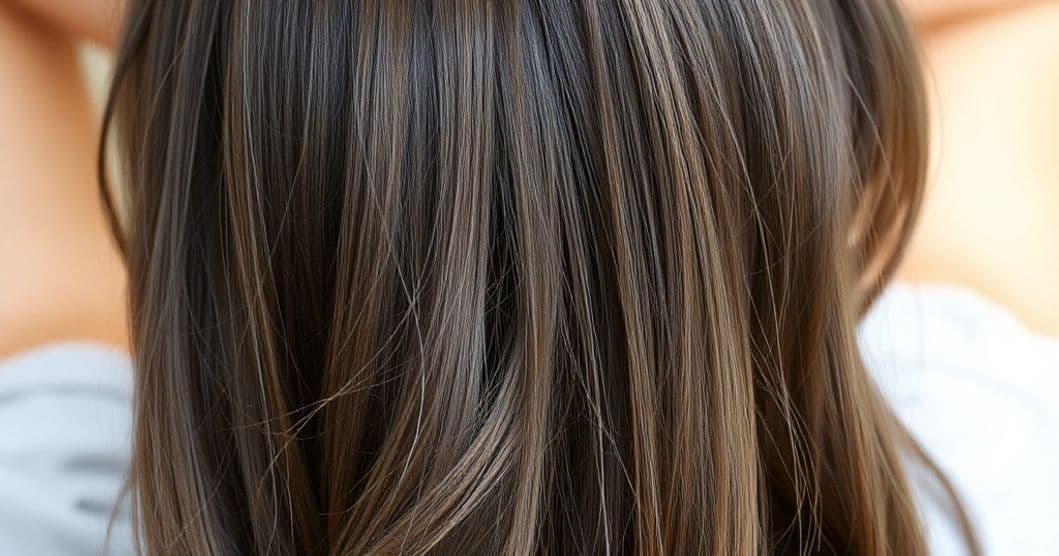 Close-up of hair strands and a bottle of vitamins on a neutral background