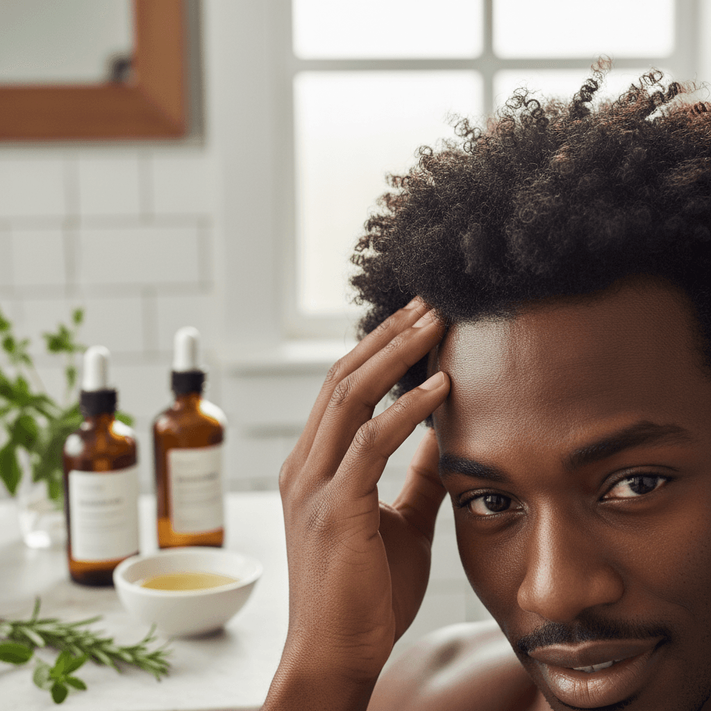 Close-up of a person applying Bomi Hair Growth Serum to their scalp, illustrating targeted treatment for thinning hair.