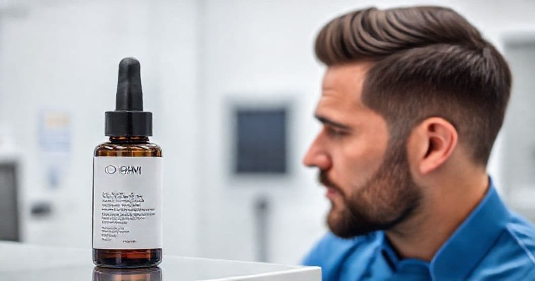 Clinical illustration of male crown thinning and treated scalp with serum