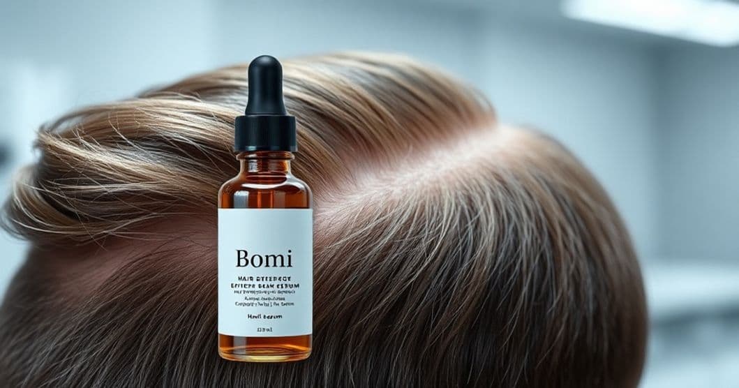 Clinical illustration of male scalp with targeted Bomi Hair Growth Serum application