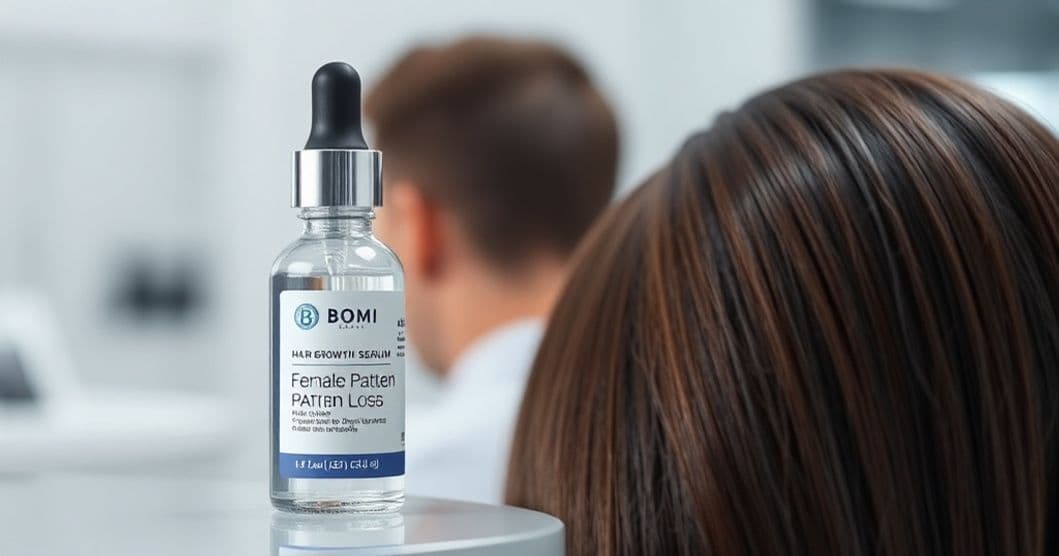 Close-up of a woman's scalp with thinning hair treated with serum