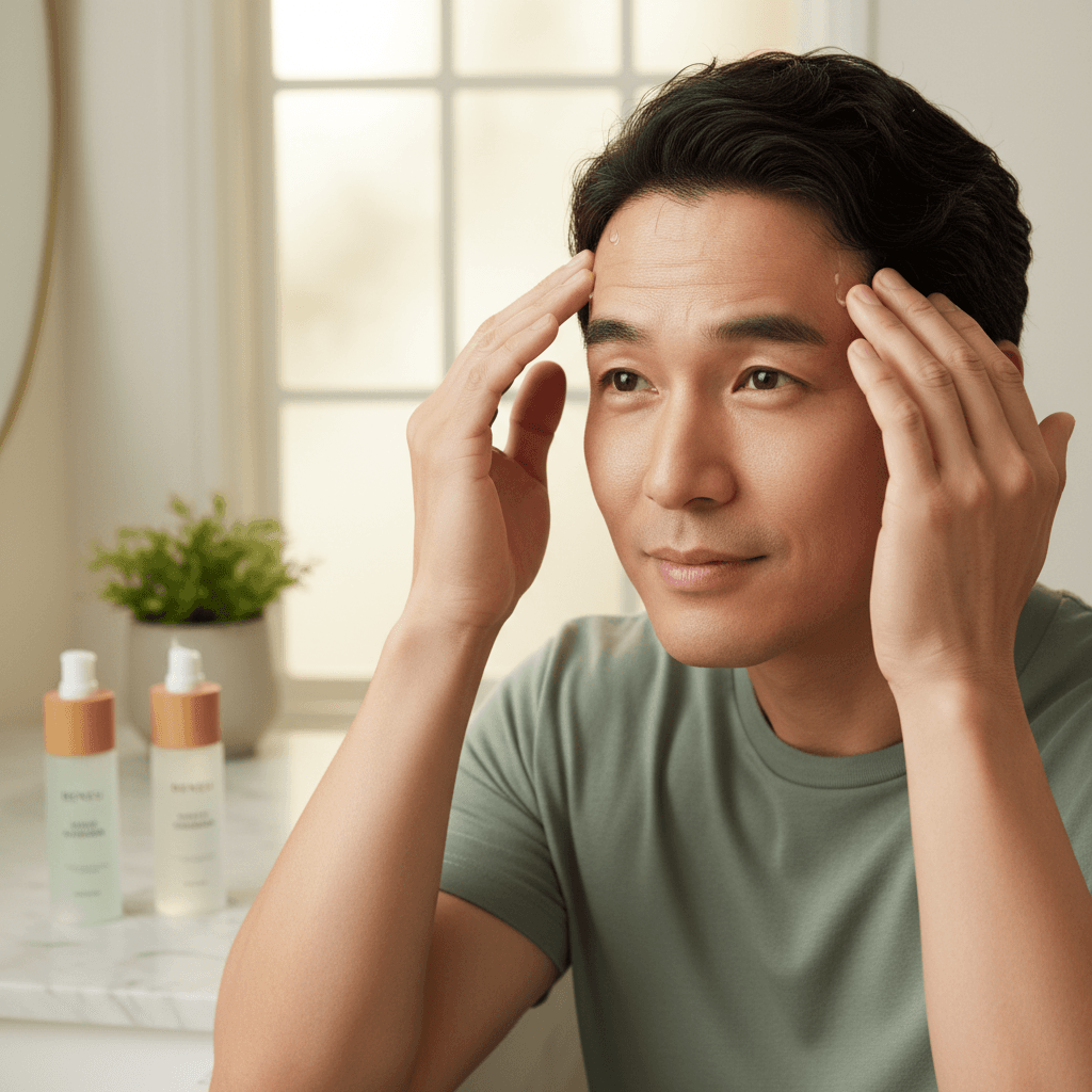 Person applying Bomi Hair Growth Serum to scalp, focusing on a calm, supportive routine.