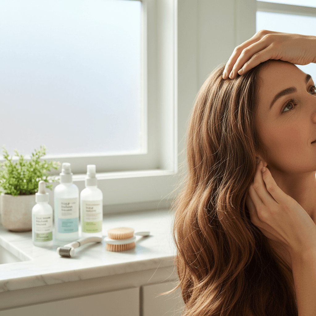 Person looking in mirror with a concerned expression, touching their hair, representing the emotional impact of hair loss.