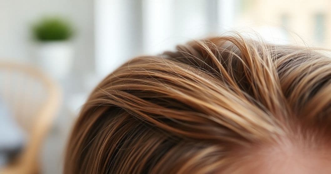 Close-up of a thoughtful woman examining her hair in the mirror