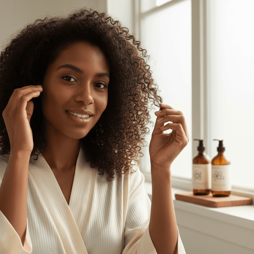 A woman gently examining strands of hair in her hand, contemplating hair shedding.