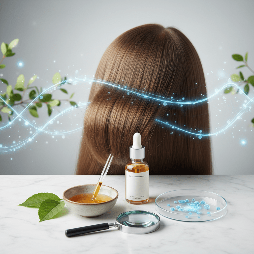 A person gently applying Bomi Hair Growth Serum to their scalp at the hairline, demonstrating a clean and precise application.