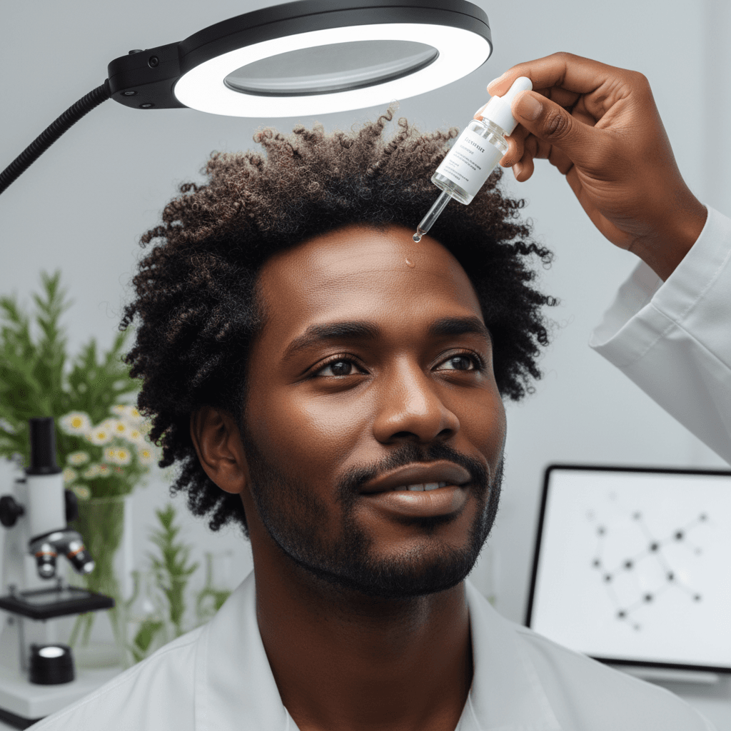 Woman examining her hair part for thinning, looking concerned.