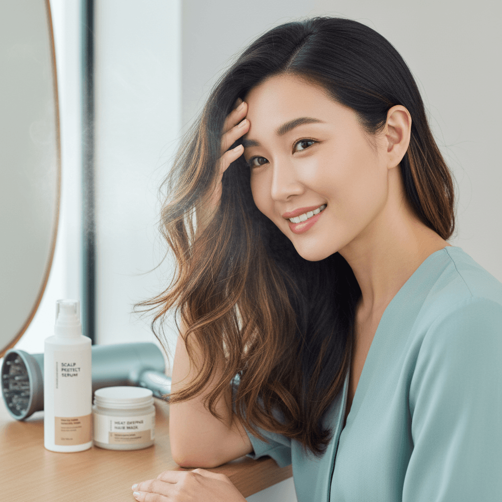 Person carefully using a low-heat styling tool on healthy-looking hair, emphasizing gentle care to prevent damage and thinning.
