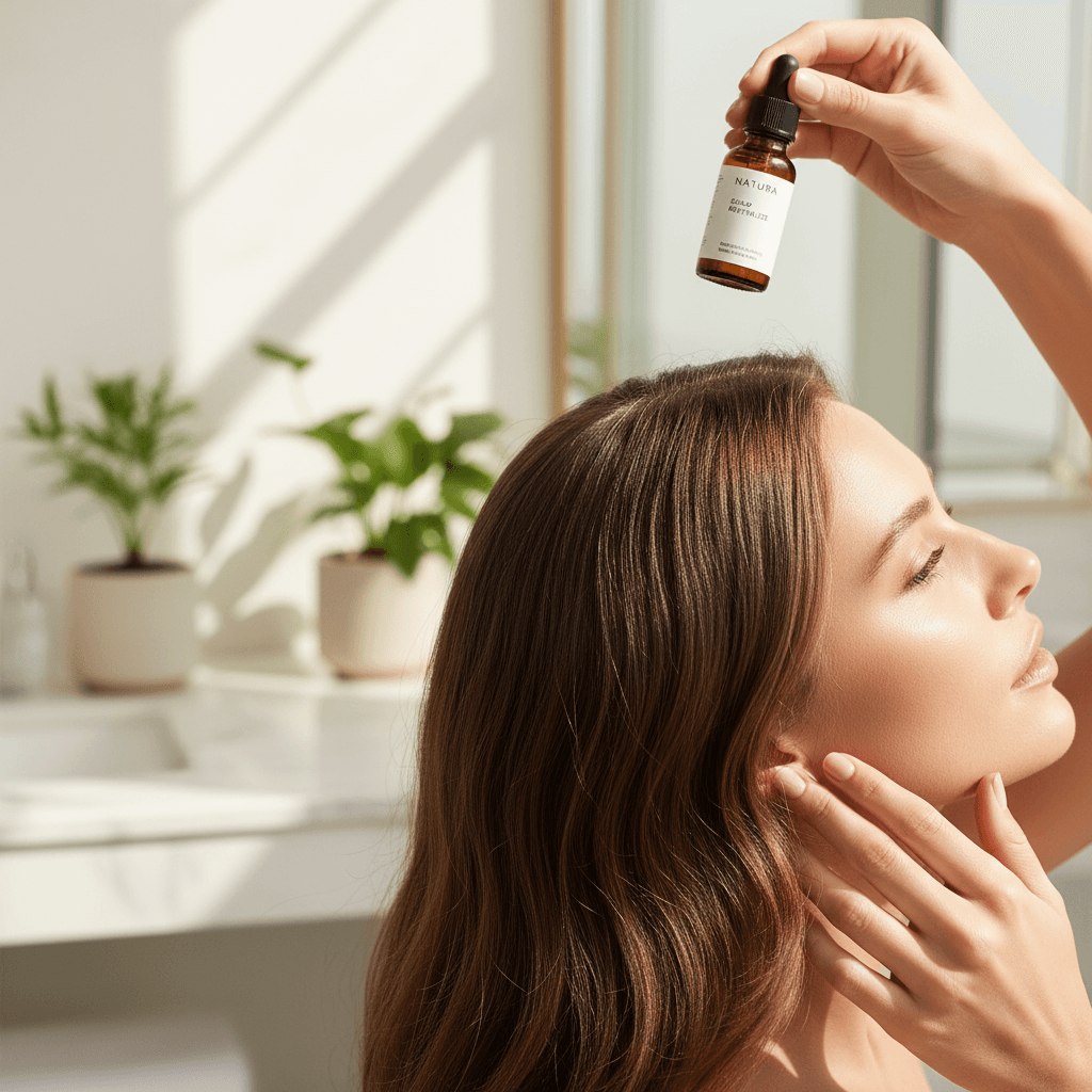 A person applying Bomi Hair Growth Serum to their scalp, illustrating ease of use and targeted application.
