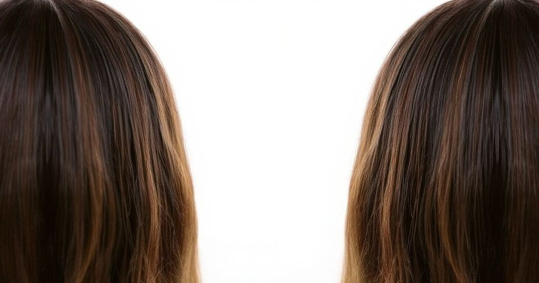 Close-up of healthy hair strands with Bomi Hair Labs logo