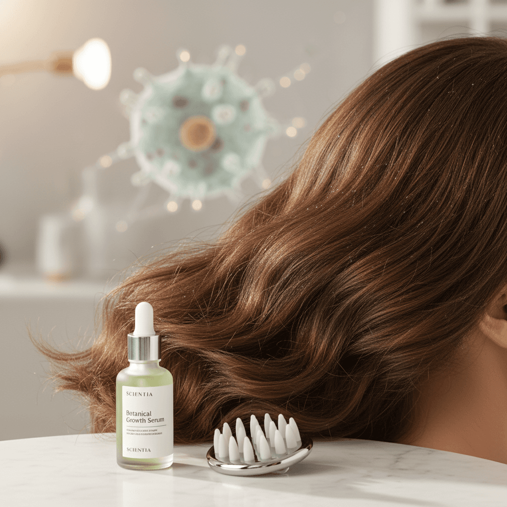 Person applying Bomi Hair Growth Serum to their scalp, illustrating a proactive approach to hair thinning.