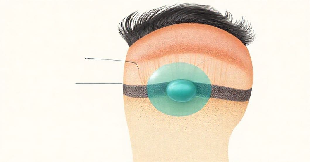 Close-up of healthy-looking hair on a scalp with a calm, clinical backdrop