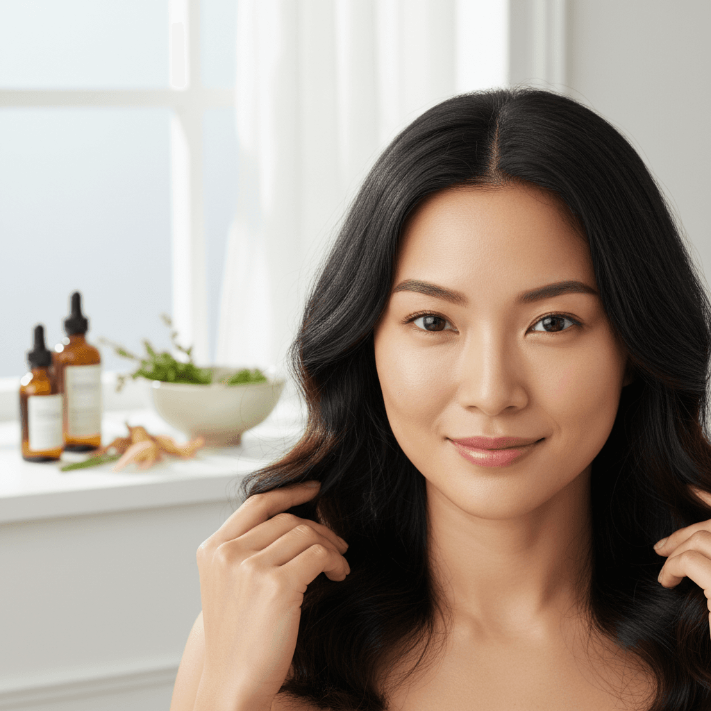 A person gently applying Bomi Hair Growth Serum to their scalp, illustrating natural hair regrowth.