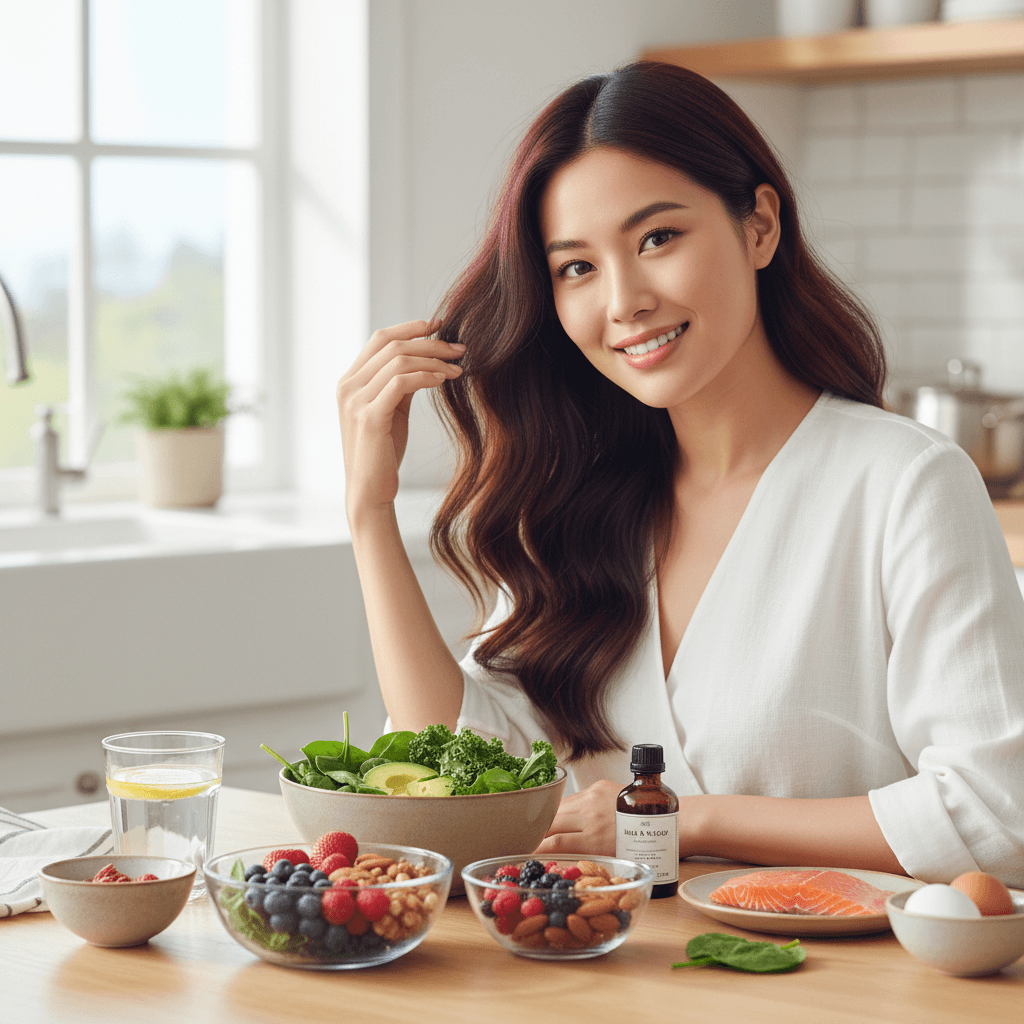 A vibrant plate of nutrient-rich foods alongside Bomi Hair Growth Serum, symbolizing holistic hair health.