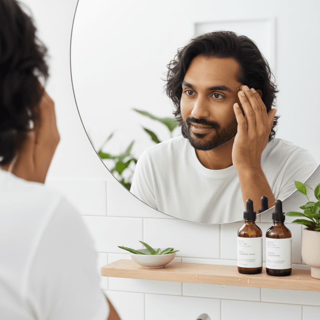 A woman gently brushing her hair, looking thoughtfully at her reflection, symbolizing postpartum hair care and recovery.