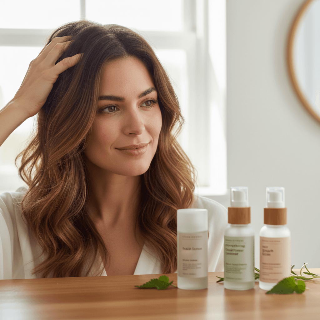 A woman gently running her fingers through her hair, looking thoughtful and concerned about hair loss, with a calm, supportive background.