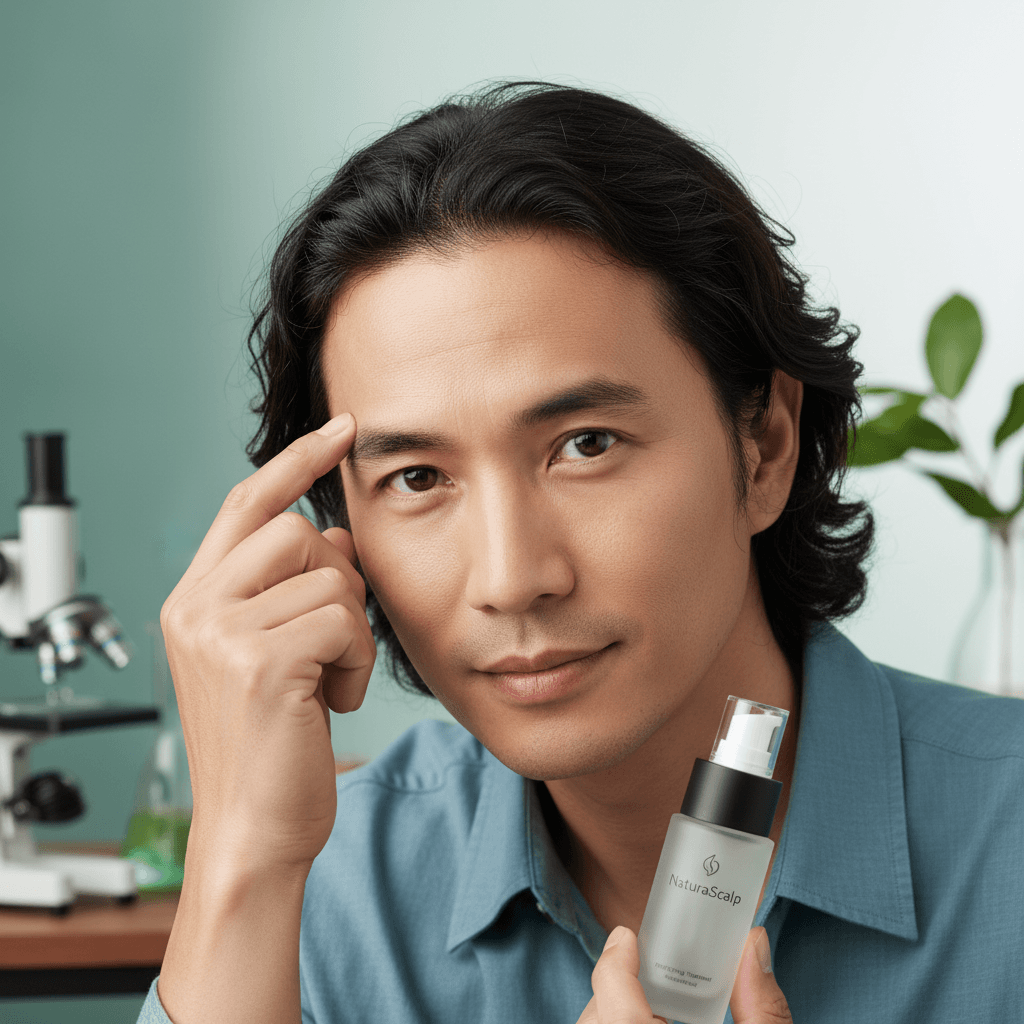A man examining his hairline in a mirror, showing early signs of receding hair.