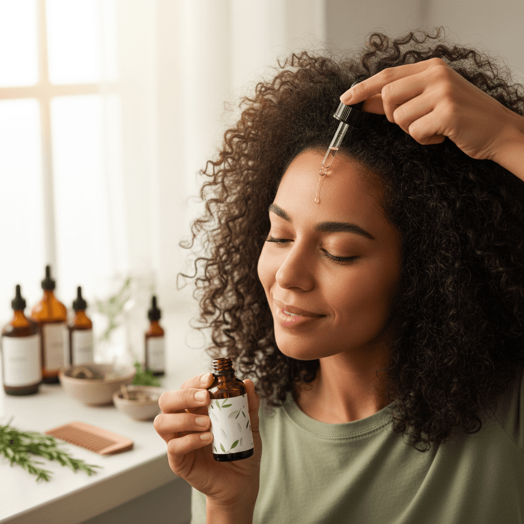 A person applying Bomi Hair Growth Serum to their scalp, focusing on the part line.