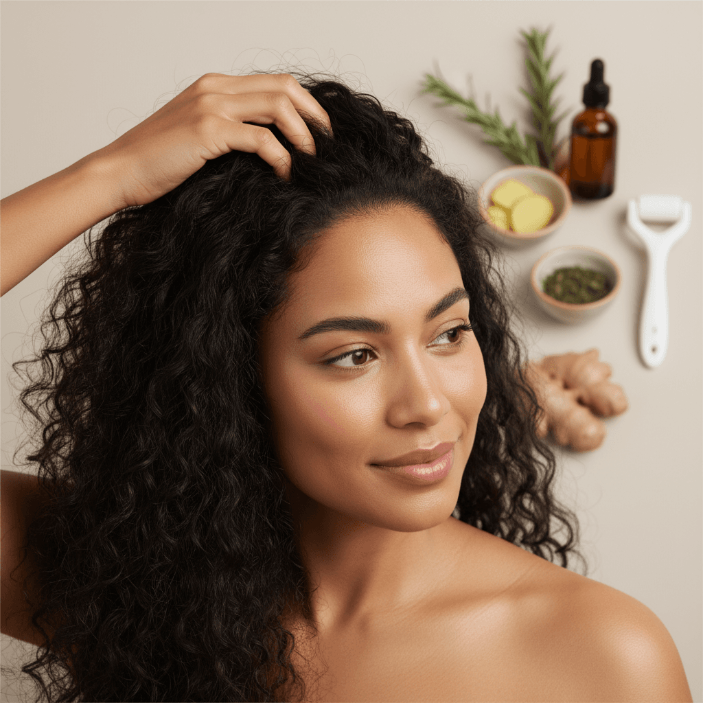 Person applying Bomi Hair Growth Serum to scalp, focusing on thinning areas