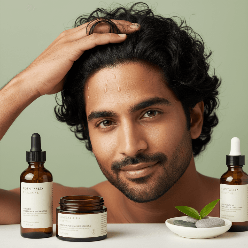 A person applying Bomi Hair Growth Serum to their scalp, showing a lightweight, non-greasy texture.