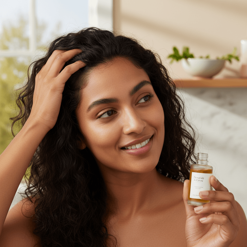 Close-up of hair roots and scalp, showing healthy hair follicles and a lightweight serum application.