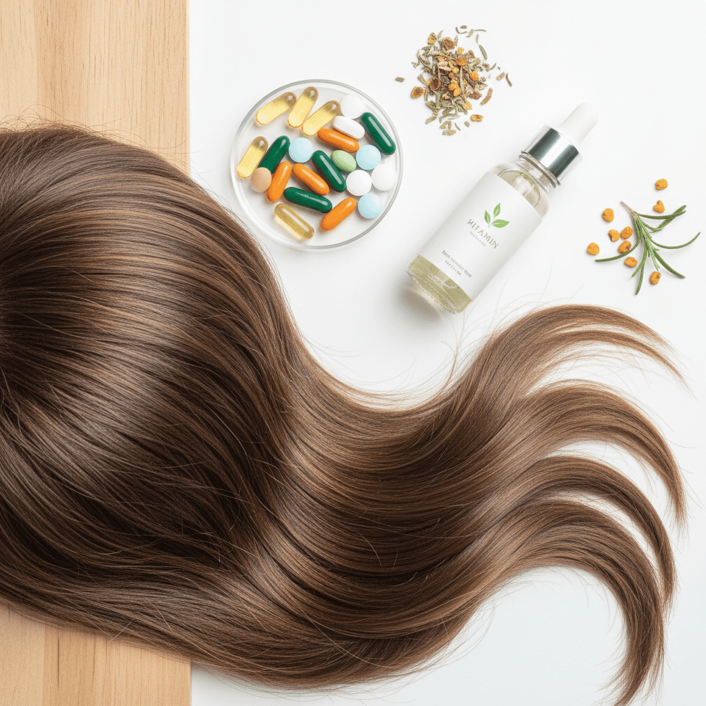 A person examining their hair part, with a bottle of Bomi Hair Growth Serum subtly in the background, illustrating the journey from concern to active solution.