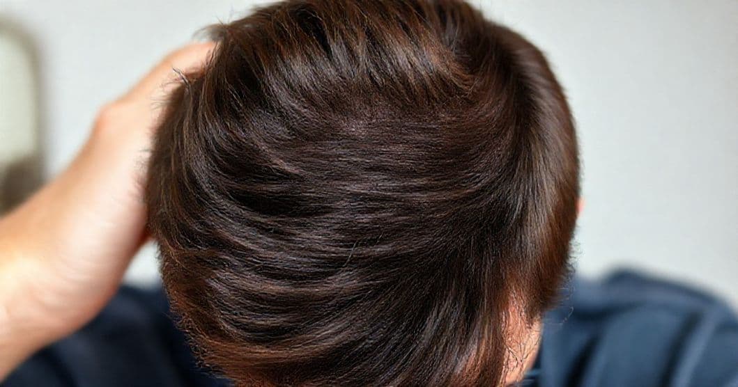 Close-up of a man’s scalp showing hair regrowth journey