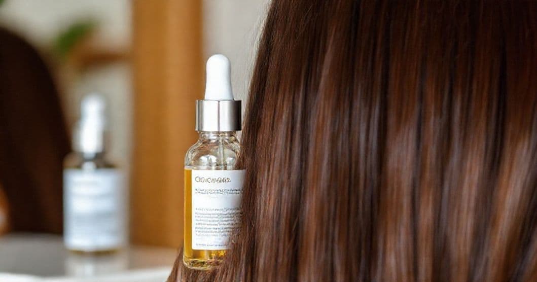 Close-up of hair strands with a bottle of serum on a light surface