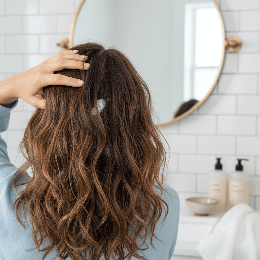 Person gently washing thinning hair, focusing on scalp health