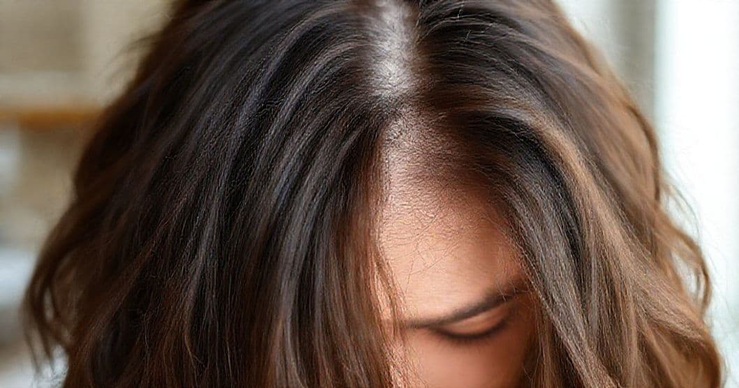 A calm, hopeful person considering hair care solutions.