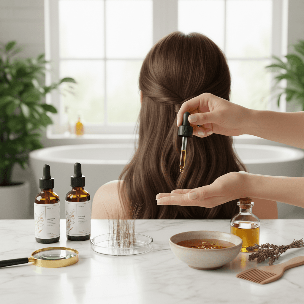 Close-up of healthy hair follicles and scalp with a serum dropper
