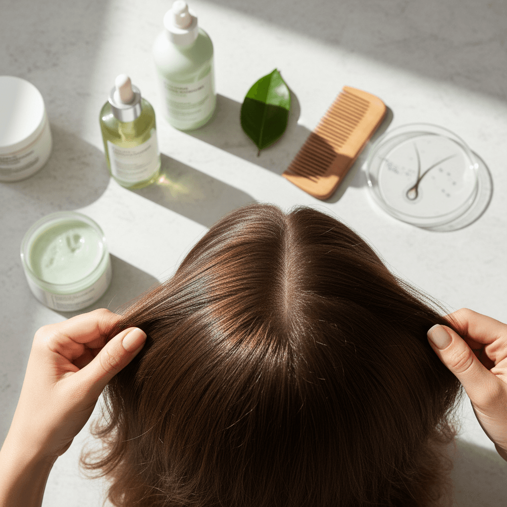 Close-up of healthy hair strands and a scalp, illustrating effective treatment for thinning hair.