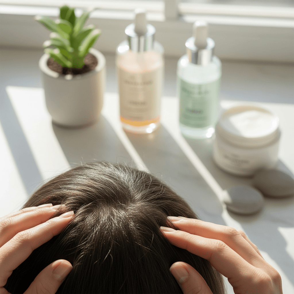 Person gently touching their hair, looking concerned, with a blurred background suggesting stress.