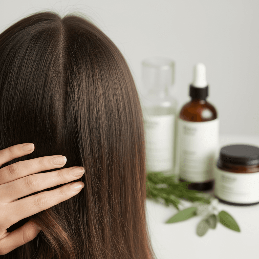 Person gently touching their hair, looking concerned about thinning, with a calm, reassuring background.